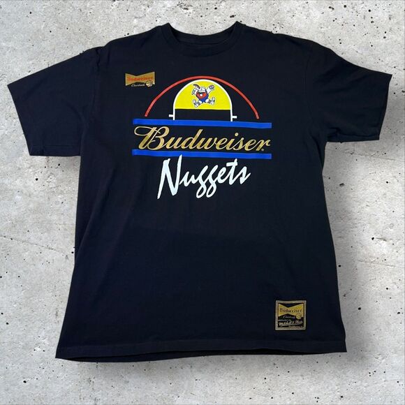 Mitchell & Ness Budweiser Denver Nuggets T-Shirt Sz L Black Courtside NBA Retro - Picture 1 of 10